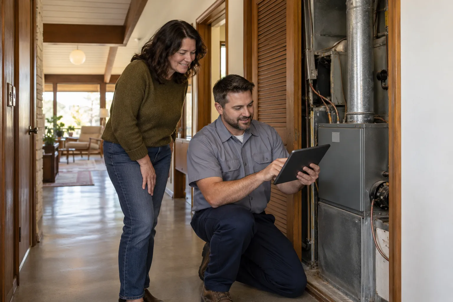 A friendly local provider checking a furnace in a hallway closet of an older home in Woodside