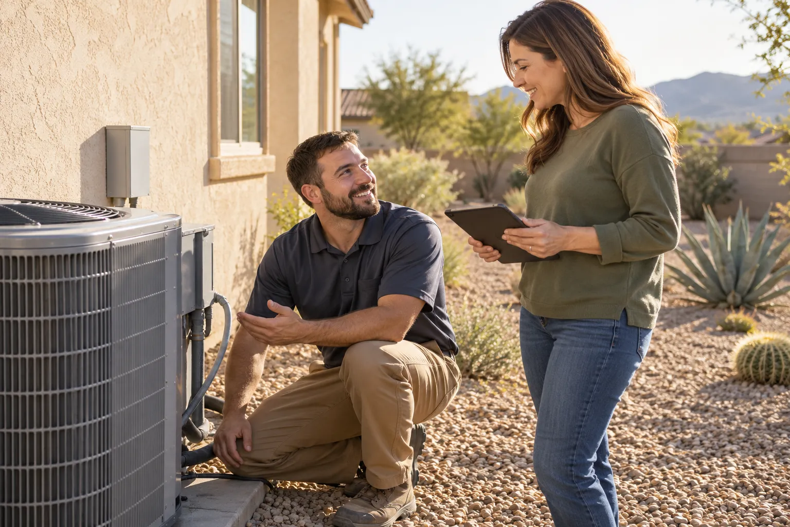 A friendly HVAC provider talking with a homeowner beside an outdoor AC unit in Woodside